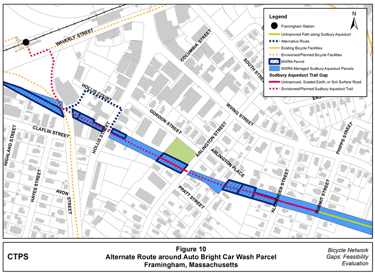 Figure 10 – Map illustrating an interim route for the Sudbury Aqueduct Trail around the Auto Bright Car Wash parcel and its fence. Figure 10 – Map illustrating an interim route for the Sudbury Aqueduct Trail around the Auto Bright Car Wash parcel and its fence.